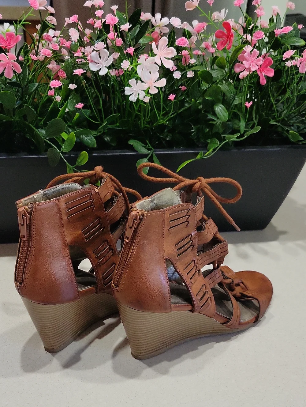 Rampage Tan Strappy Lace-Up Wedge Sandals